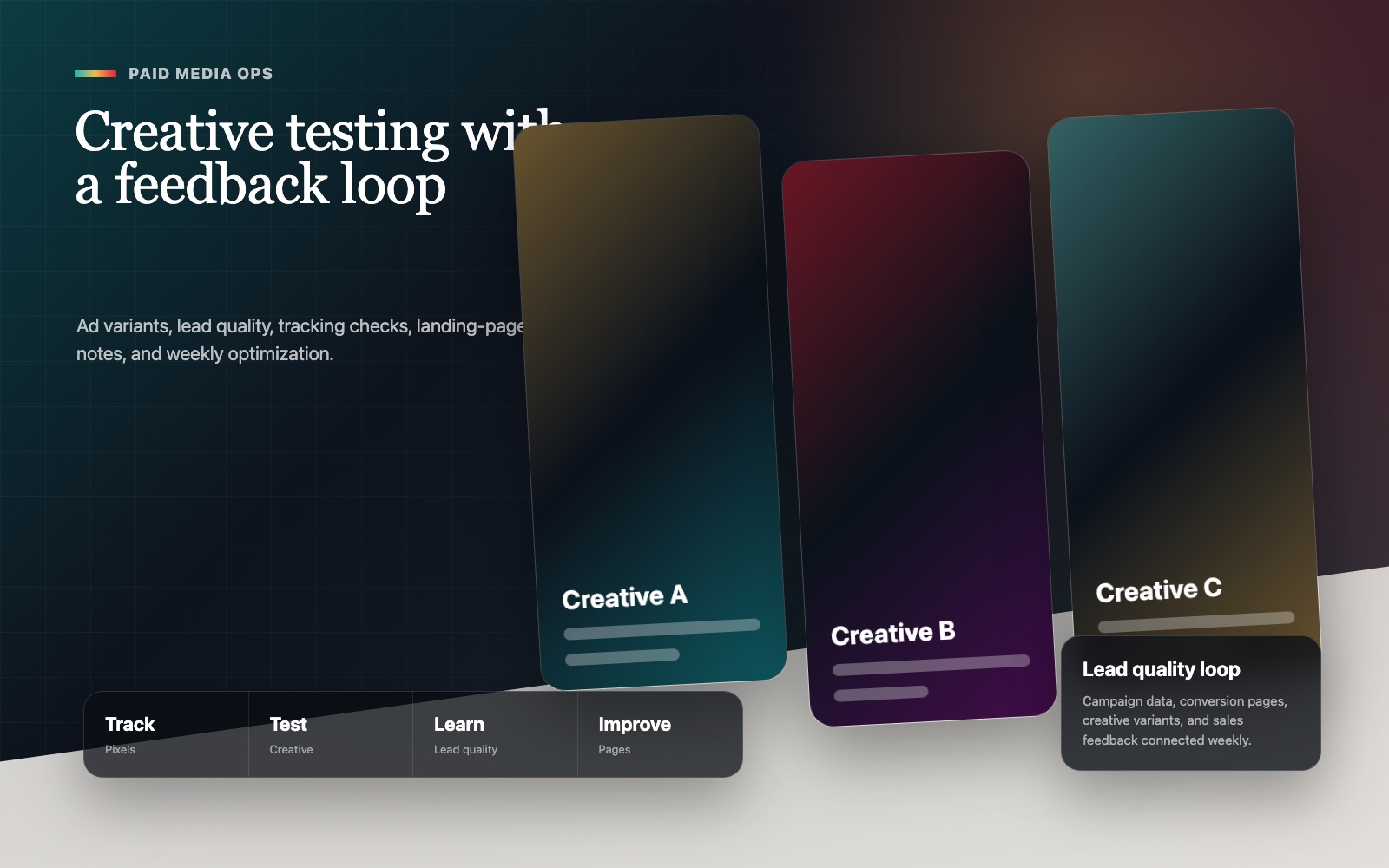 Paid media creative operations board with ad variants, tracking checks, and optimization notes