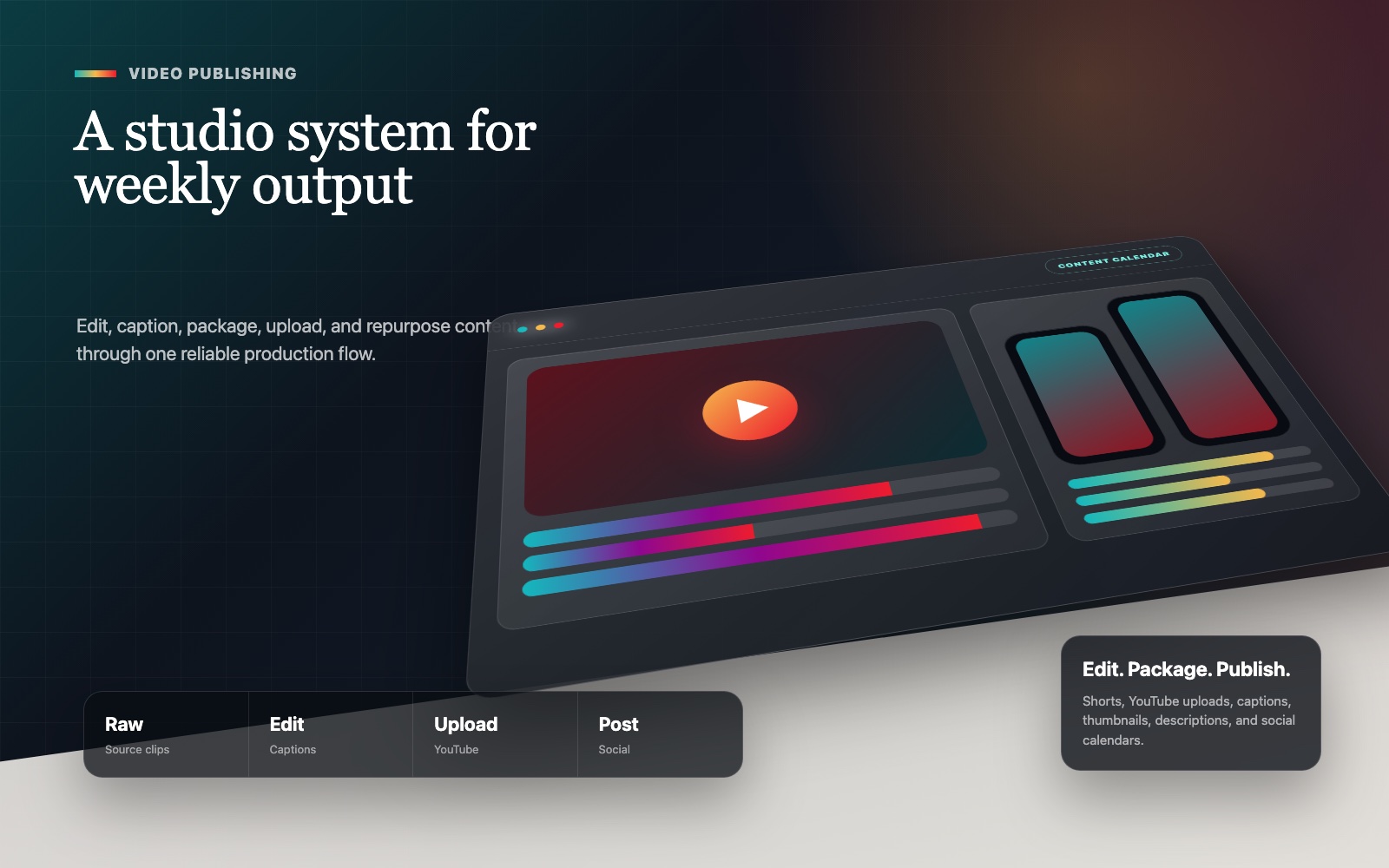 Video publishing studio with editing, upload, captions, and calendar visuals